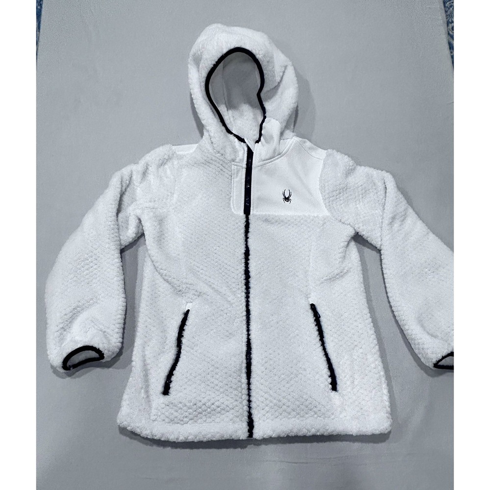 Spyder Womens Hooded Full Zip Ski Fleece Jacket White Black Contast Sz Sm